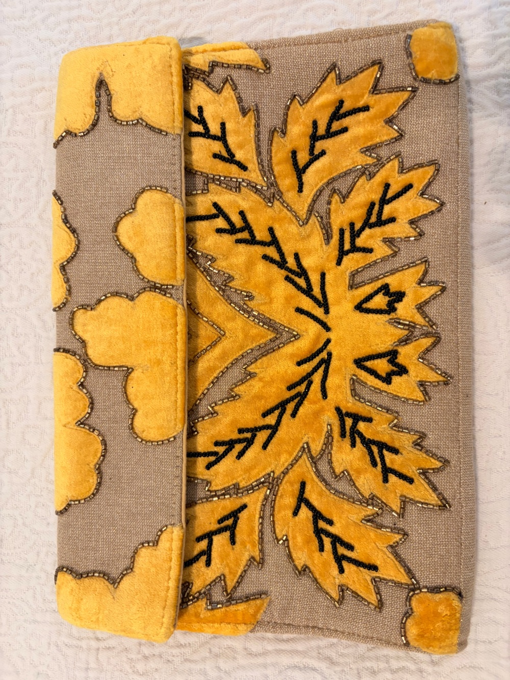 Embroidered Yellow Velvet Floral Clutch - Women Bags